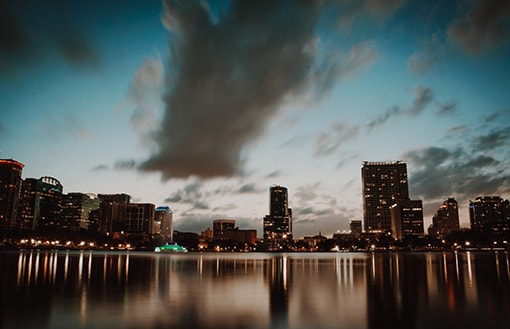 An image of the skyline of orlando taken at night